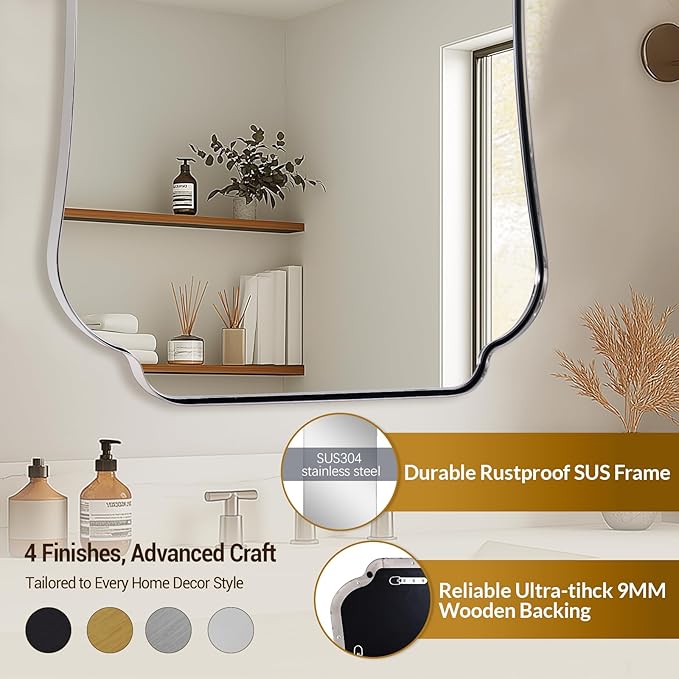 ANDY STAR 24"x40" Chrome Mirror, Scalloped Bathroom Wall Mirror in Anti-Rust Stainless Steel Metal Frame 1’’ Deep, Hangs Vertically/Horizontally