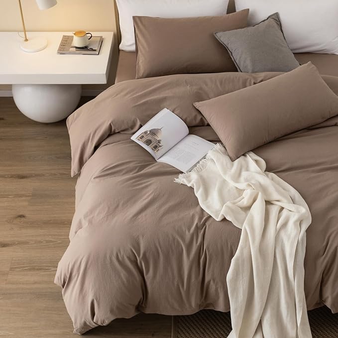 JIYUAN 100% Washed Cotton Duvet Cover Set 3 Pieces Full, 1 Duvet Cover 80x90 Inches(Comforter Not Included) and 2 Pillowcases,Linen Feel Bedding Set Comfy and Breathable,Light Brown