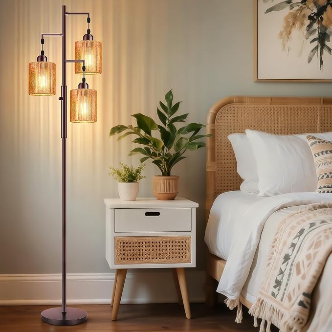 Hotsonic 72" Tall Boho Rattan Style Floor Lamp with Hand-Woven Paper Cord Shade, Dimmable Industrial Tree Standing Lamp for Living Room, Bedroom, Study Room, Office (3 x 800LM Bulbs Included) - Brown