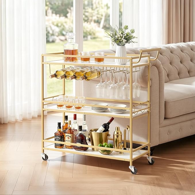 VEVOR Bar Cart, 3 Tiers Home Kitchen Serving Carts, Modern Rolling Utility Station on Wheels, Mobile Drink Beverage Trolley with Wooden Shelf, Wine Rack, and Glass Holder, 35.83x12.99x36.81 in, Gold
