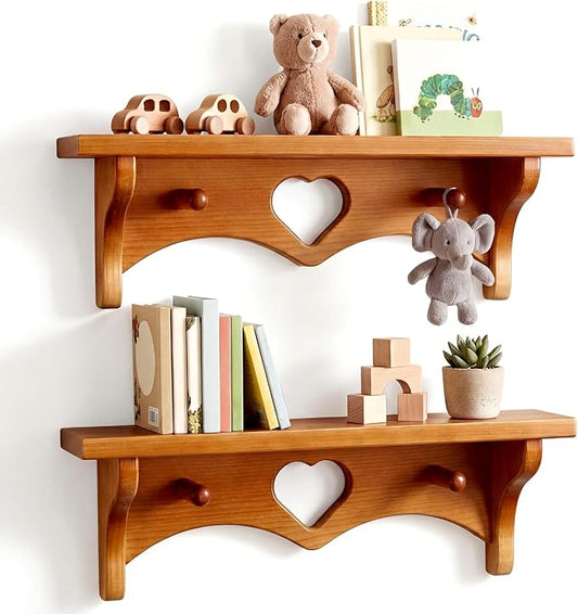 Novabright 2 Pcs Wooden Heart Shelves 16" Vintage Floating Shelf with Hooks Natural Walnut Pine Wood Coat Rack Wall Mounted Hanging Shelf for Living Room Bedroom Bathroom Home Decor