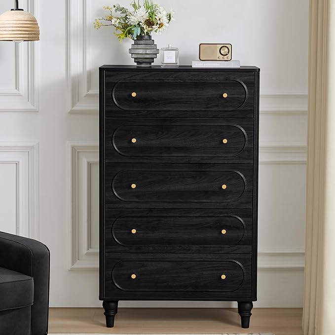 ORRD Fluted 5 Drawer Dresser for Bedroom, Mid Century Modern Chest of Drawers, Wood Storage Large Dresser Organizer for Bedroom Living Room Hallway Closet, Black