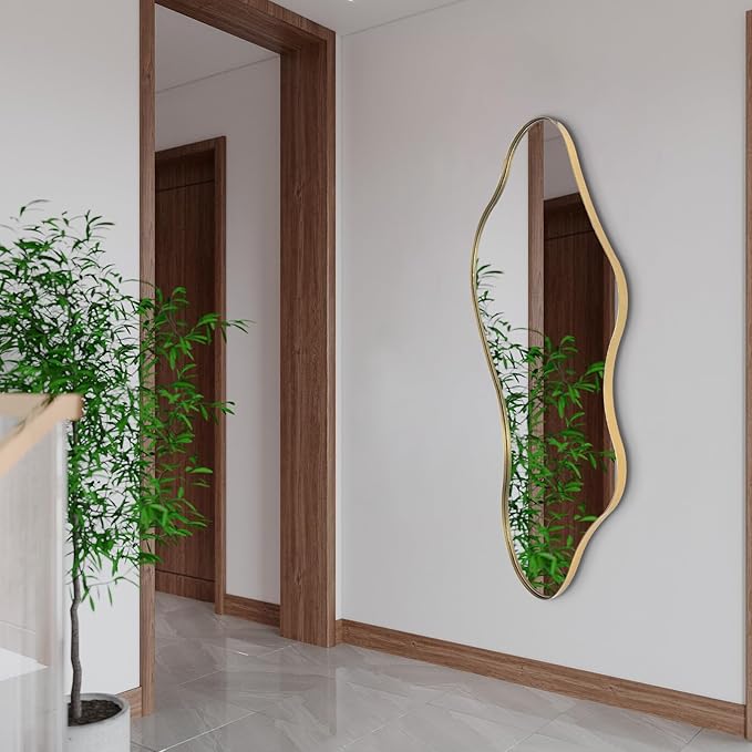 Irregular Wall Mirror, 47"x22" Gold Asymmetrical Mirrors with Metal Frame, Unique Shaped Decorative Mirror, Modern Abstract Mirrors for Living Room Bathroom Bedroom Hallway Entryway