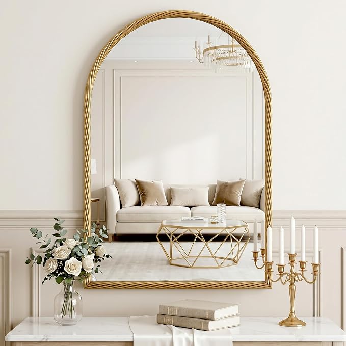 Uniclinens Gold Arched Mirror Decor - Large Vintage Mirror Decor with Twisted Rope Metal Frame,Antique Mirror for Fireplace, Living Room, Hallway, Bathroom,Entryway, 24"X36"