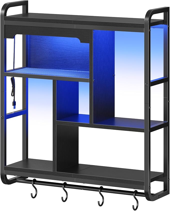 HOOBRO Gaming Floating Shelves with LED Lights, 26.4" LED Wall Mounted Shelf, Modern Corner Shelf 3-Tier Display Rack for Wall Storage, Arched Design, for Kitchen, Living Room, Study, Black BB44DBJ01