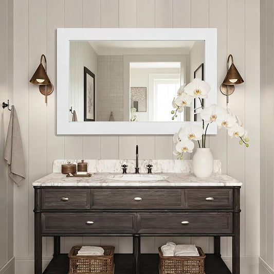 54''x36'' Rustic Wall Mirror for Bathroom White Wood Frame, Classic Rectangle Mirror Farmhouse Vanity Wall Mirror Decor Living Room, Bedroom, Entryway