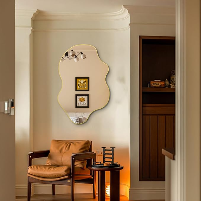 Gold Irregular Mirror, 31.5"x23.6" Asymmetrical Wall Mirrors, Unique Shaped Mirror Decorative, Modern Frameless Abstract Mirrors for Living Room Bathroom Bedroom Hallway Entryway Fireplace