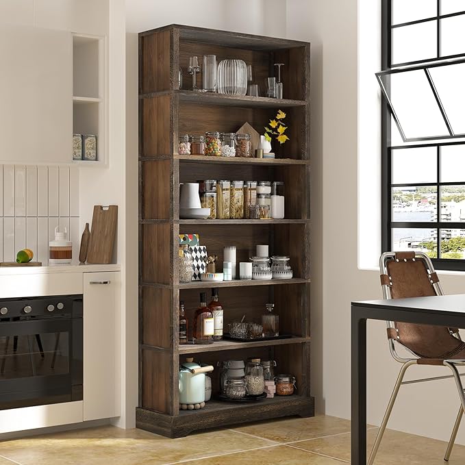 TVU 6-Tier Wooden Book Shelf, Floor-Standing Display Bookcase, 77.2" H x 31.5" W x 11" D Bookshelf, Farmhouse Style Book Case with Arched Base, Suitable for Living Room, Study, Office, Walnut