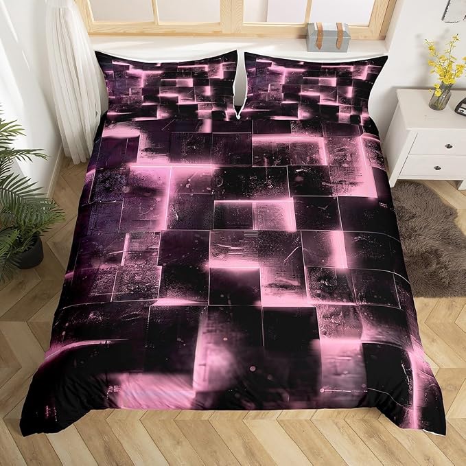Erosebridal 3D Geometric Bedding Sets Full Abstract Aesthetic Comforter Cover Black and Pink Bed Set Glowing Futuristic Cubes Full Duvet Cover Neon Grid Quilt Cover (Black Reversible)