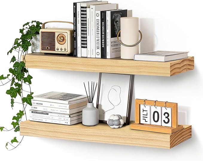 Floating Wall Shelves 24x6.8x1.7 Inch – Solid Wood Rustic Shelves in Natural Wood Finish – Wall Mounted Display Shelf for Bathroom, Kitchen, Bedroom – Set of 2