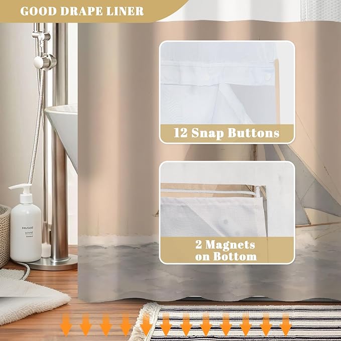 No Hook Shower Curtain with Removable Snap in Liner, Nautical Sailboat Coastal Ocean Sail Print, 71W x 74H Waterproof Fabric Double Layer Bath Curtain with Mesh Top for Bathroom