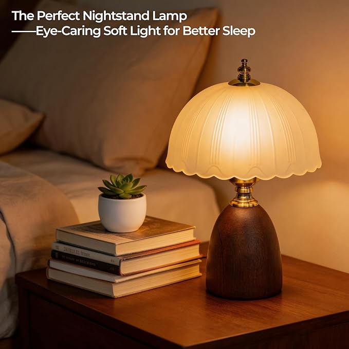 13“ Mid-Century Modern Small Table Lamp, Vintage Scalloped Frosted Glass Bedside Lamp for Bedroom Living Room, Solid Walnut Wood Style Base 3-Color Dimmable LED, Aesthetic Decor Gift