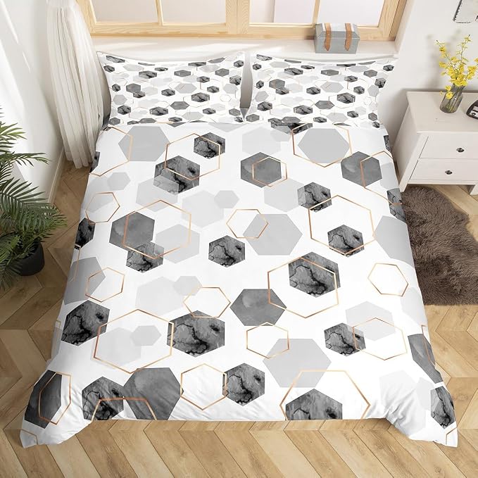 Erosebridal Grey Modern Duvet Cover King - Marble Geometric Minimalist Bedding Set, Fresh Abstract Geometric Art Decor Bed Set for Boys Girls Watercolor Hexagon Bed Cover with 2 Pillowcases