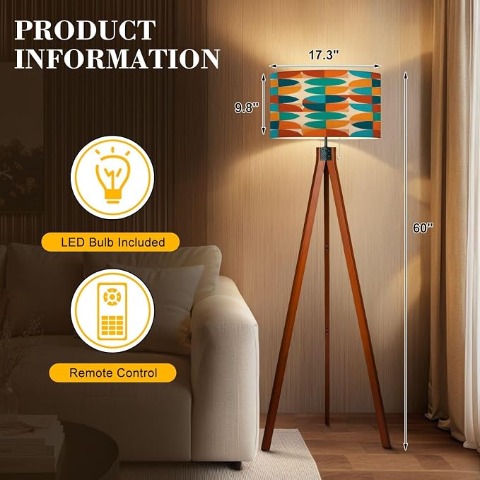 Wood Tripod Floor Lamp Abstract Geometric Blue Orange Colors Mid Century Mid Century Standing Lamp Linen Shade Dimmable Modern Tall lamp Home Decor for Living Room Bedroom Office