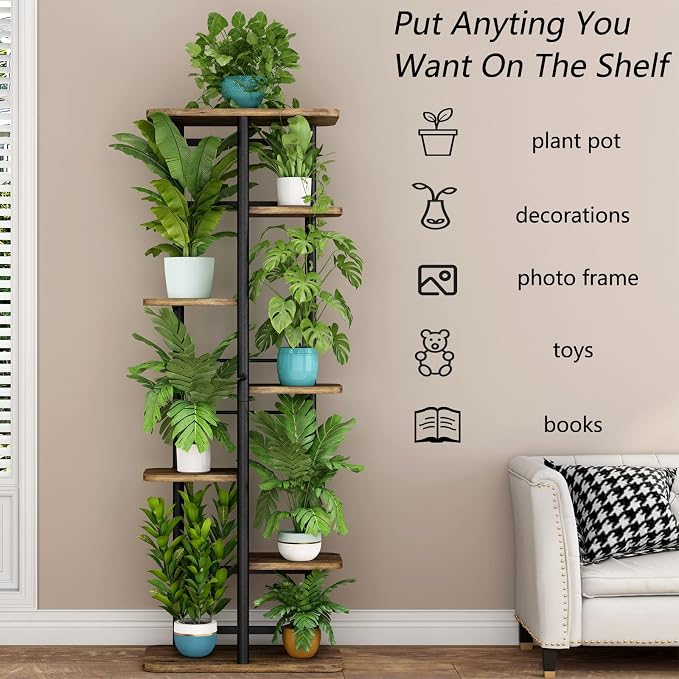 LINZINAR Plant Stand 7 Tier 8 Potted Multiple Flower Pot Holder Shelf Indoor Outdoor Planter Rack Storage Organizer for Patio Garden Corner Balcony Living Room (7 Tier-8 Potted, Black)