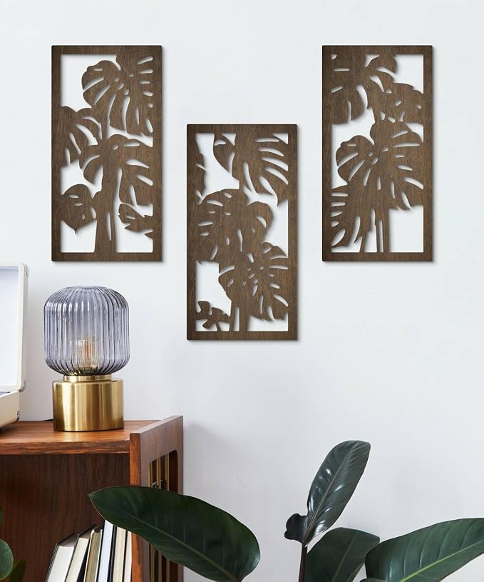 Putuo Decor 3-Piece Tropical Leaf Wood Wall Art Set, Palm Leaf Wall Hanging Decor for Bedroom Living Room Bathroom Balcony Decor