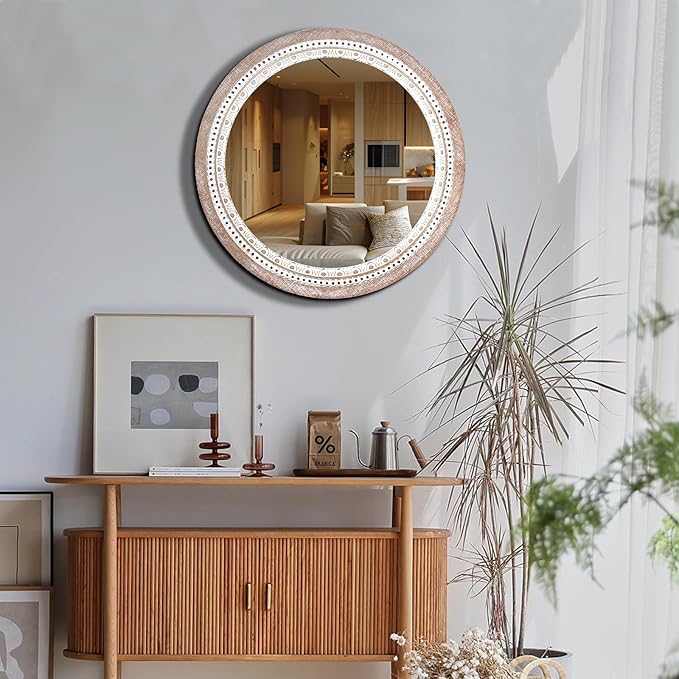 Reflinto 30 Inch Rustic Farmhouse Round Mirror for Wall Decor, | Boho Wood Frame Circle Decorative Mirrors for Bathroom Over Sink, Bedroom, Living Room, Entryway, Foyer