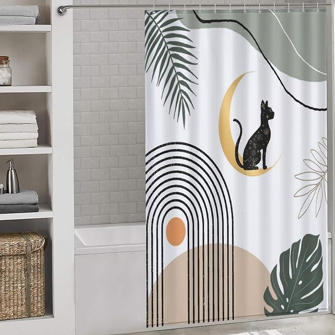 Boho Black Cat Shower Curtain Abstract Mid Century Modern Moon Green Leaf Geometric Mystic Waterproof Shower Curtains for Bathroom Decor 12 Pack Hooks 55x72in（140x183cm）