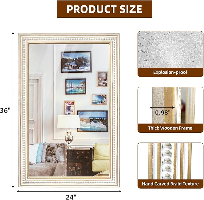Reflinto 36x24 Inch Bathroom Decorative Wall Mirror, Rustic Farmhouse Wooden Frame Rectangular Mirrors for Over Sink, Living Room, Entryway, Foyer - Horizontal/Vertical Mount