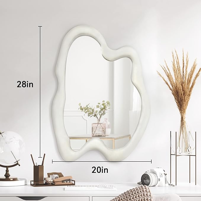 Irregular Wall Mirror Asymmetrical Mirror, White Wavy Mirror with Flannel Frame, Decorative Wall Mirror for Bedroom, Livingroom, Entryway, 20"x 28"