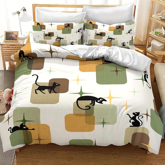 Retro Black Cat Bedding Set,Mid Century 1950s 1960s Abstract Atomic Colorful Geometric Pattern Modern Comforter Set with Pillowcase for Bedroom Bed Decor,Full 79"x90"
