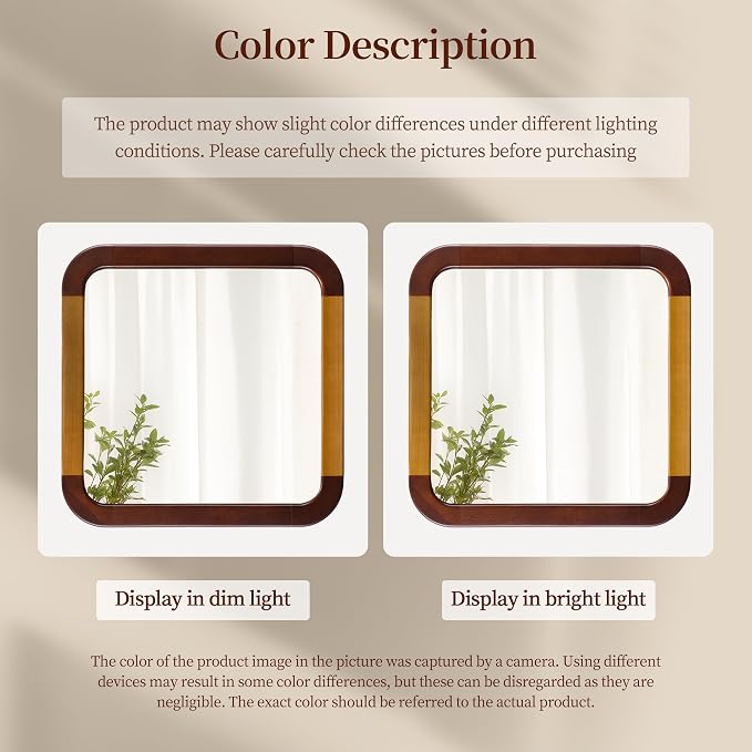 Bathroom Mirror 24 x 24 Inch,Brown Wood Rustic Rectangle Tempered Wall Mirror with Wood Frame,Round Corner Farmhouse Wooden Vanity Mirror for Living Room,Entryway or Bedroom（Walnut Brown）