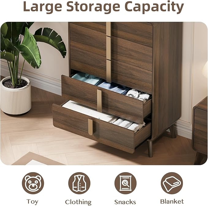 Mid Century Modern Bedroom Sets, 5 Drawer Dresser and Nightstand Sets for Bedroom, Night Stand Set 2 & 5 Drawer Dresser with Gold Handles, Wood Chest of Drawers Storage Cabinet Set, Walnut