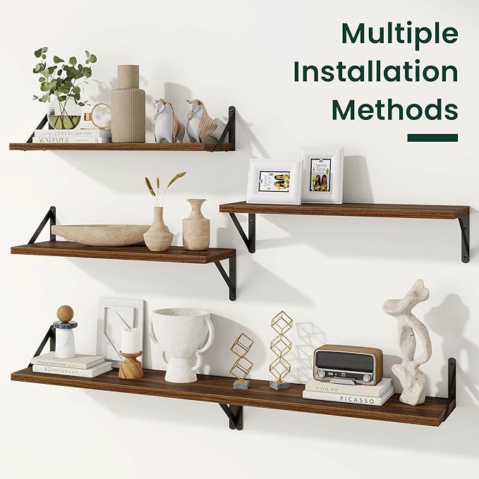 Floating Shelves, 8 Inch Deep Rustic Wood Wall Storage, 24W x 8D Wall Shelves Set of 2, Heavy Duty Metal Brackets, Industrial Book Shelf for Living Room, Kitchen, Bathroom, Bedroom, Walnut