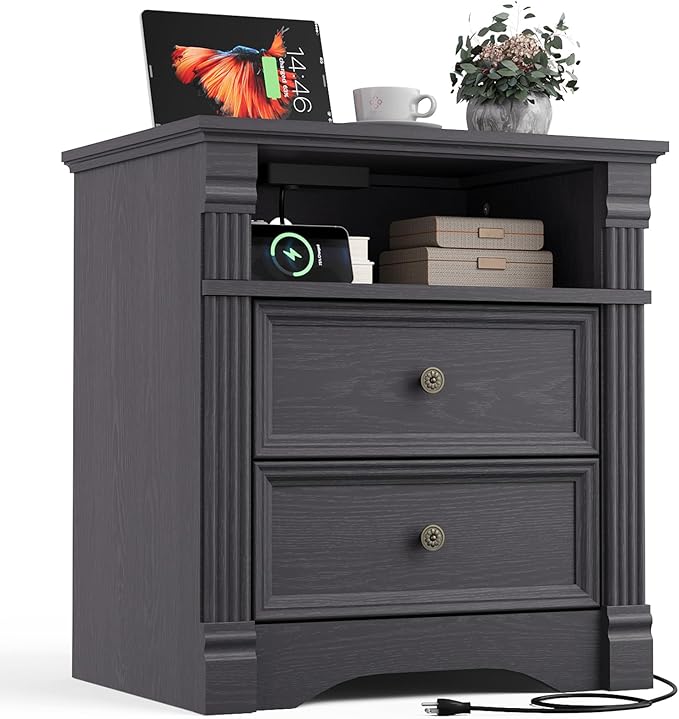 Grey Nightstand with Charging Station, Farmhouse Bedside Table, End Table with 2 Drawers and Chic Wood Pilasters Design, Wood Side Table with Metal Handles for Bedroom, Living Room