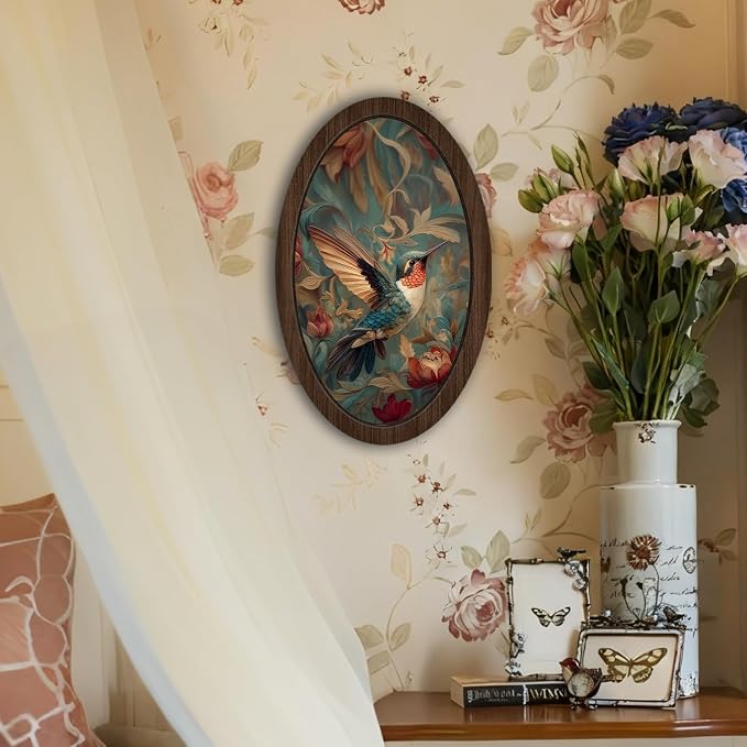 UYIKG Vintage Hummingbird Wall Art Decor,Floral Bird Hummingbird Oval Wall Decor,Rustic Cottagecore Animal Botanical Oval Wooden Framed Decorations for Home Theme Room Bedroom Living Room 9x14.6 in