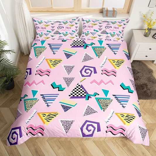 80s 90s Bedding Set Memphis Pattern Old Fashioned Comforter Cover King,Geometric Abstract Colorful Dots Funky Duvet Cover Retro Bed Set,Multicolor Vintage Rainbow 80'S Style 1980S Home Decor,Pink