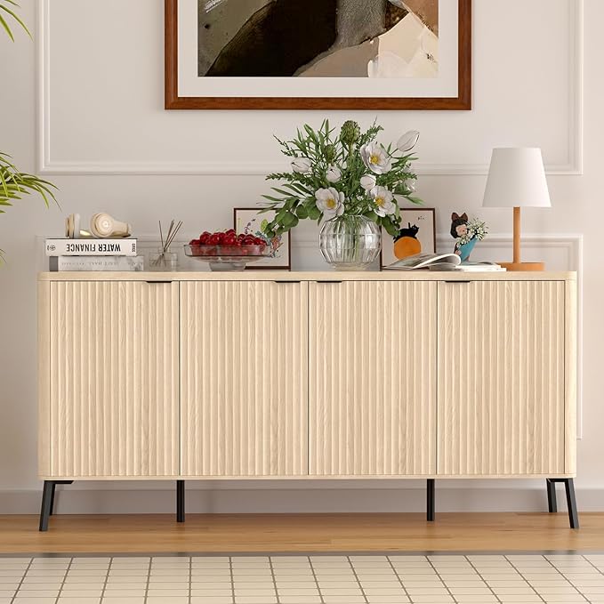 Buffet Cabinet, 63" Large Sideboard Buffet Cabinet with Storage, Modern Fluted Sideboard with 4 Doors, Wood Credenza Coffee Bar Storage Cabinet, for Living Room, Kitchen, Hallway, Oak