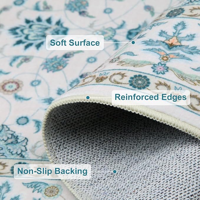 WILLSUN Washable Area Rugs, 5x7 Non-Slip Boho Large Area Rugs for Living Room, Bedroom, Machine Washable Vintage Rug, Indoor Floral Print Carpet for Home Decor, Kid & Pet Friendly Mat
