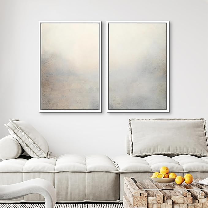 MUDECOR Framed Canvas Print Wall Art Soft Gradient Abstract Misty Landscape Illustrations Modern Art Decorative Bohemian Colorful Chic for Living Room, Bedroom, Office - 24"x36"x2 White