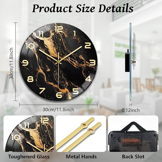 peacoblue Wall Clocks Battery Operated 12 Inch Marble Pattern Glass Round Wall Clock Non Ticking for Kitchen Living Room Dining Room Bedroom and Bathroom Decor Accessories (Battery not Included)