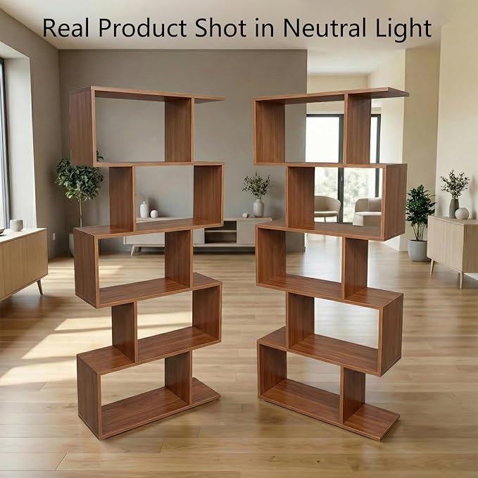 5-Tier Geometric Bookcase (Set of 2), 62.6" Tall S-Shaped Bookshelf & Room Divider, Modern Brown Freestanding Display Shelving Unit for Living Room, Hallway, Home Office