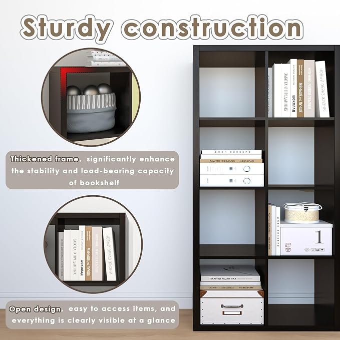 Endearing Limons【2026 Wooden Thick Border 8 Cube Shelf Storage Organizer with Anti-Tipping Kits + Reversible Open Back Bookcase (11 x 11 Unit Cell Chocolate)