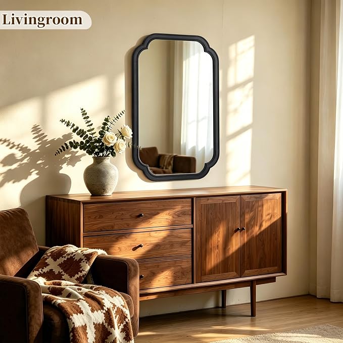 HOMECOOKIN Wood Bathroom Mirror for Wall Decor Arched Rounded Corner Rustic Wood Frame Wall Mirror Home Decorative for Vanity, Living Room, Bedroom, Entryway (20 x 30 inch, Black)