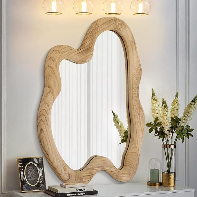 AAZZKANG Large Rustic Wall Mirror with Wooden Frame Irregular Wall Mirror 32"x24" Decorative Asymmetrical Hanging Mirror for Bathroom Bedroom Living Room Entryway