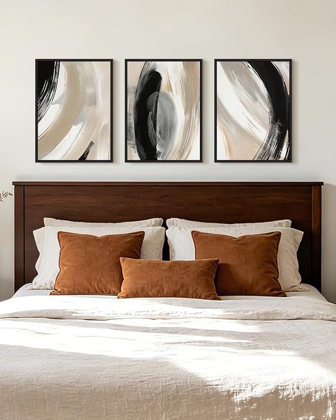 KUVIOKE Modern Abstract Framed Wall Art Black Neutral Minimalist Ink and Wash Graffiti Pastel Wall Decor for Bedroom Living Room 12x16in (Black Framed)