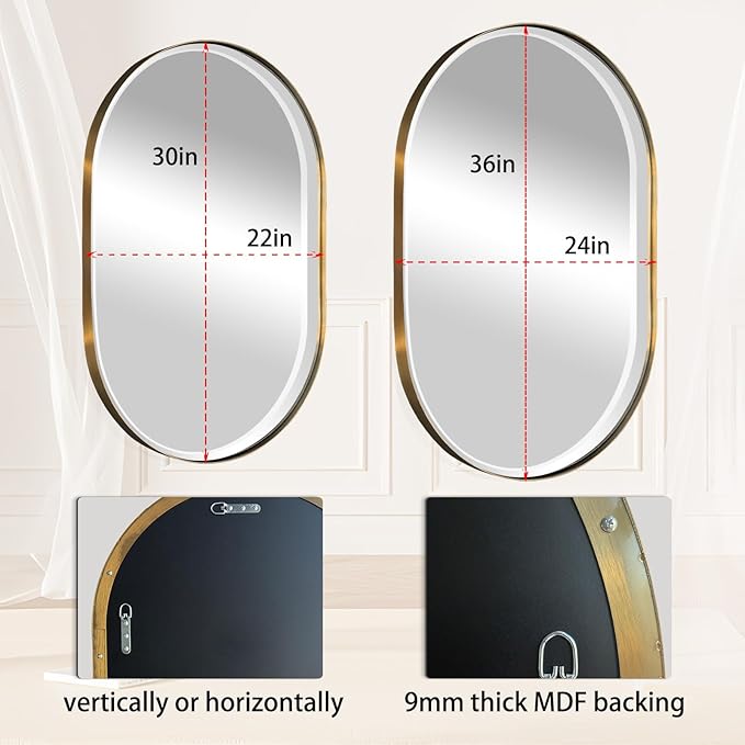 POZINO Oval Mirror Over Sink, Brushed Gold Beveled Mirror, 24"x36" Bathroom Vanity Mirrors with Stainless Steel Frame, Brass Oblong Wall Mirrors for Bedroom Living Room, Hangs Horizontal Or Vertical