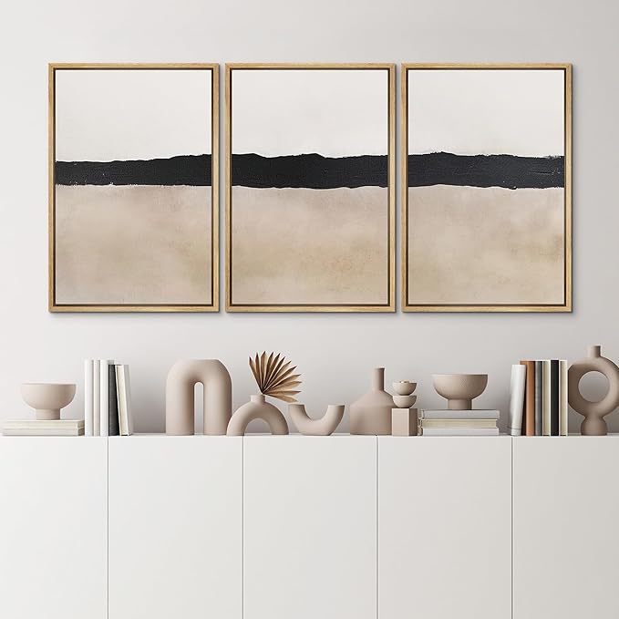 MUDECOR Framed Wall Art Print Set Minimalist Abstract Black Horizontal Brushstroke Illustrations Modern Art Boho Decorative Colorful Chic for Living Room, Bedroom, Office - 16"x24"x3 Natural