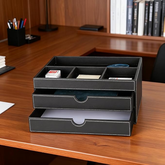 Home Multifunctional Bag Drawer Organizer, Leather Office Filing Cabinet with four Independent Organizers, and Storage Cabinet on the Bedside Table in the Guest Room