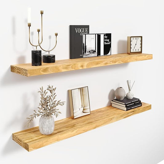 36'' Pine Wood Floating Shelves for Wall- Set of 2 - Rustic Wall Mounted Wooden Shelf for Stylish Home Décor (Natural, 36x6.5x1.25) - 2pcs