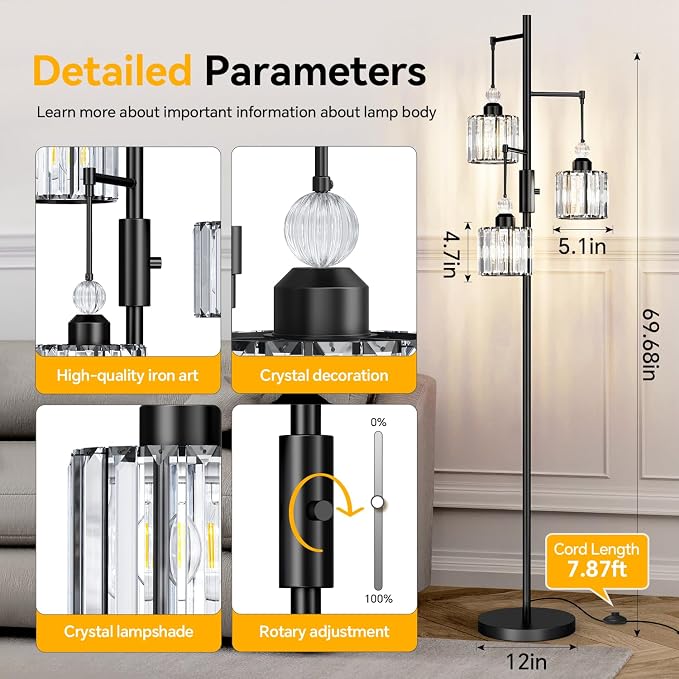 Black Tree Floor Lamp with 3 Crystal Cage Lampshades & Dimmable Bulbs - 70" Vintage Glam Standing Lamp for Living Room Bedroom, Industrial Modern Decor with Crystal Ball Accents (Matte Black)