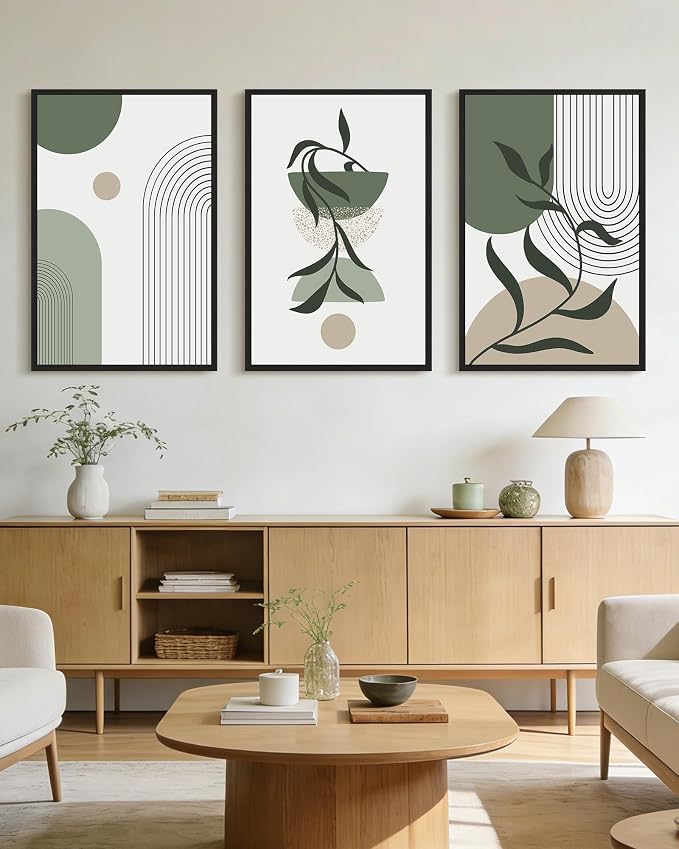 KUVIOKE Boho Wall Art Framed Botanical Modern Plants Wall Printing Green Neutral Abstract Geometric Prints Bohemain Sage Decor for Farmhouse Living Dining Room 24x36in (Black Framed)