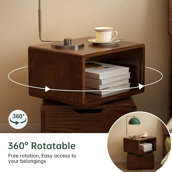 360° Rotatable Solid Oak Nightstand, Mid Century Modern Nightstand with Drawer, Small Swivel Side Table for Small Spaces, Wooden Bedside Tables for Bedroom, Living Room(Walnut,18.43" H)