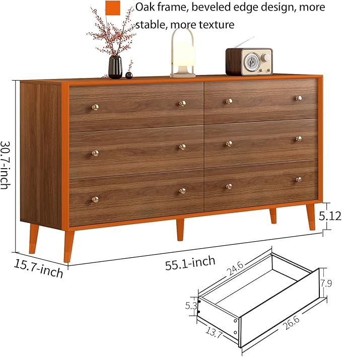 6 Drawer Dresser For Bedroom, 55 Inch Dresser for Closet with Walnut Frame, Modern Solid Wood Chest of Drawers with Natural Texture & Pre-Embedded Slots For TV Stand, Living Room, Hallway, Office