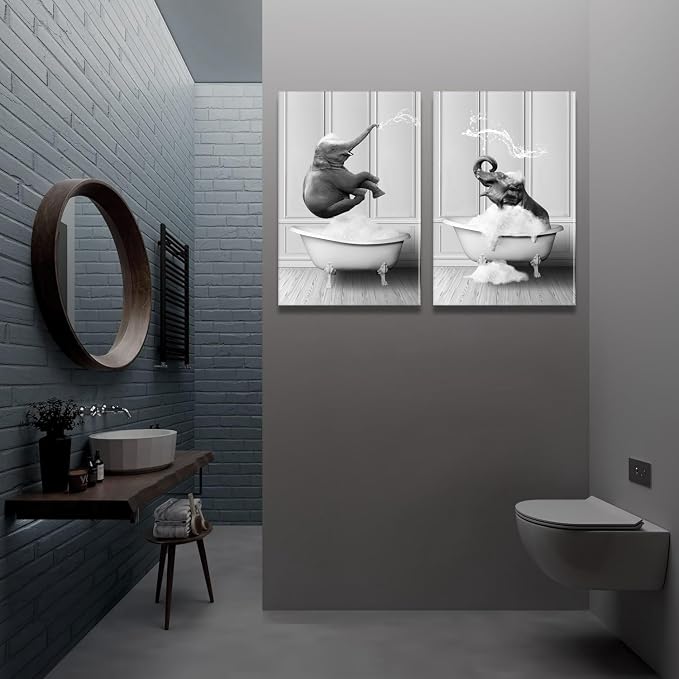 Framed Bathroom Wall Art Funny Kids Bathroom Decor Black and White Canvas Wall Art Pictures Elephant Bathing Animals Abstract Prints for Bedroom Poster 12x16x2Inch Ready to Hang