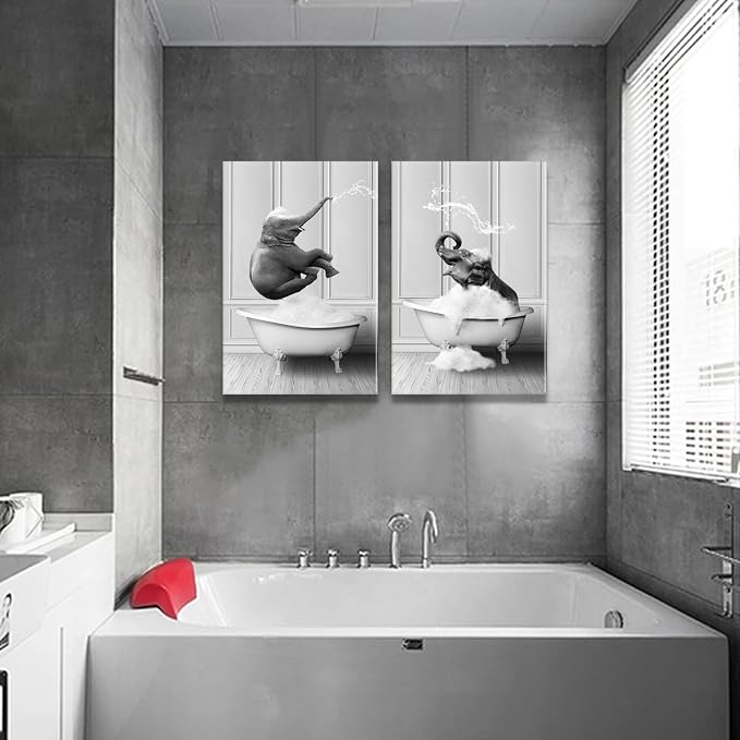 Framed Bathroom Wall Art Funny Kids Bathroom Decor Black and White Canvas Wall Art Pictures Elephant Bathing Animals Abstract Prints for Bedroom Poster 12x16x2Inch Ready to Hang